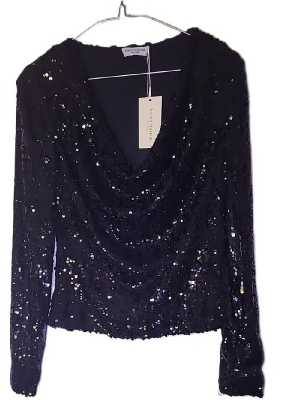 Ramy Brook NWT Nicole Black Sequin Cowl Draped Neck Long Sleeve Top Blouse Small